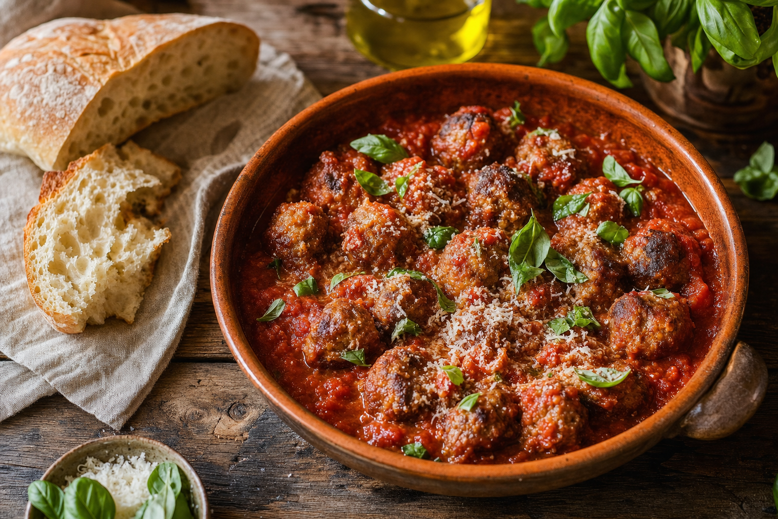Een terracotta schaal met Italiaanse gehaktballetjes in rode tomatensaus, afgewerkt met basilicum en geraspte Parmezaanse kaas, met stukken knapperig brood ernaast.