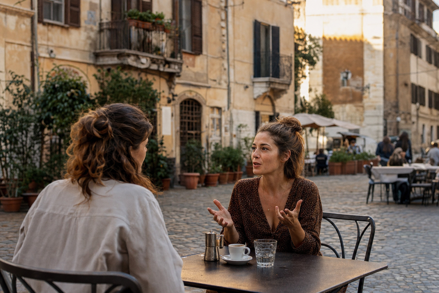 Twee vrienden zitten aan een tafeltje op een Italiaans plein; een van hen legt iets uit met open handen terwijl op de achtergrond lichte gevels en plantenbakken zichtbaar zijn.