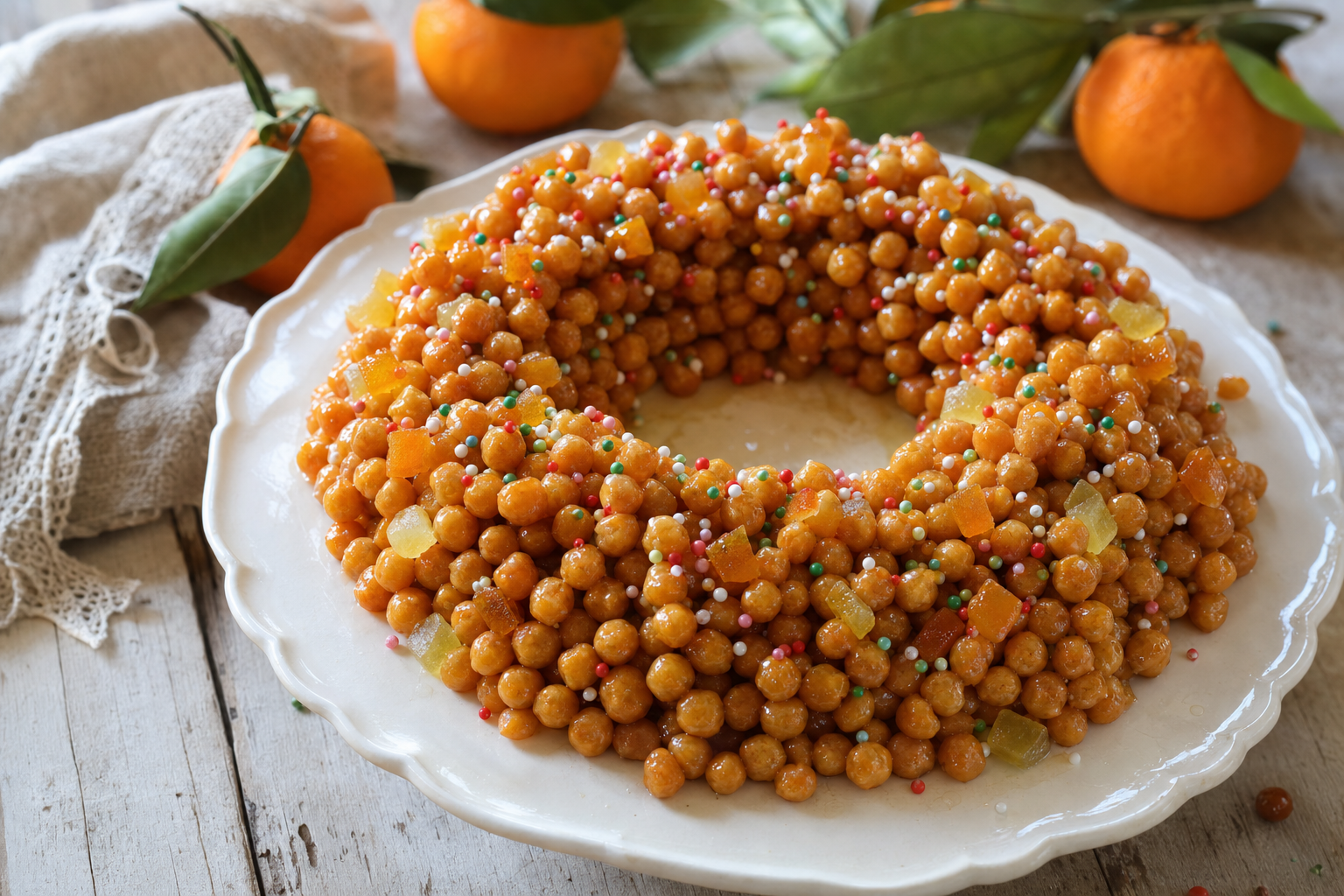 Een witte schaal met een krans van goudbruine struffoli, bedekt met honing, gekonfijte citrusstukjes en kleurrijke suikerparels.