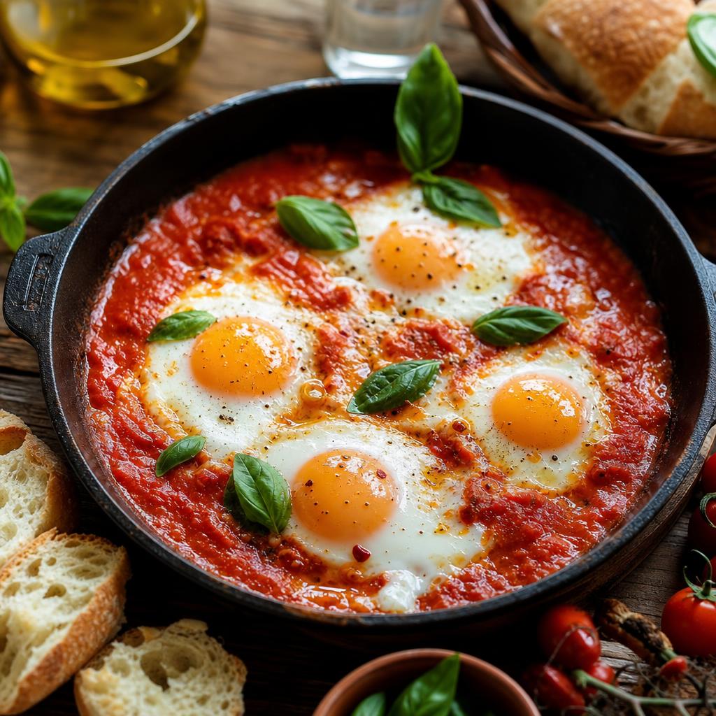 Uova in purgatorio met gepocheerde eieren in Napolitaanse tomatensaus