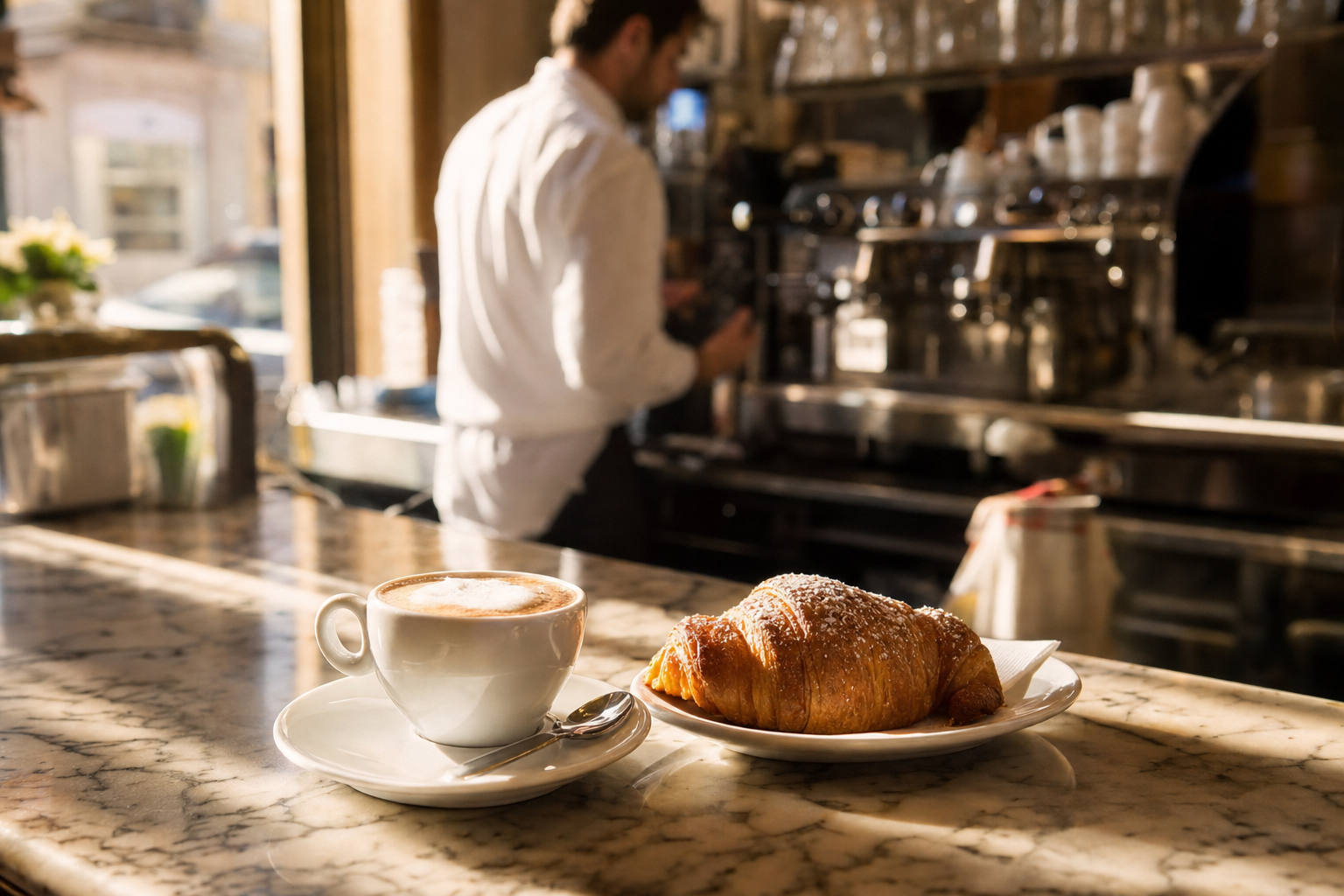 Een wit kopje cappuccino met romig melkschuim staat naast een goudbruin cornetto op een marmeren barblad in zacht ochtendlicht.
