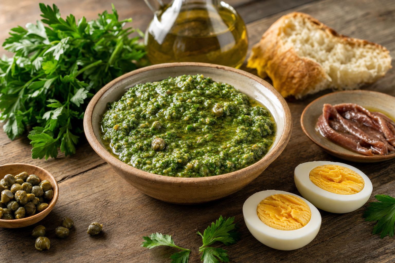 Een aardewerken kommetje met groene peterseliesaus, omringd door verse peterselie, kappertjes, ansjovis, hardgekookt ei en rustiek brood op een houten tafel.