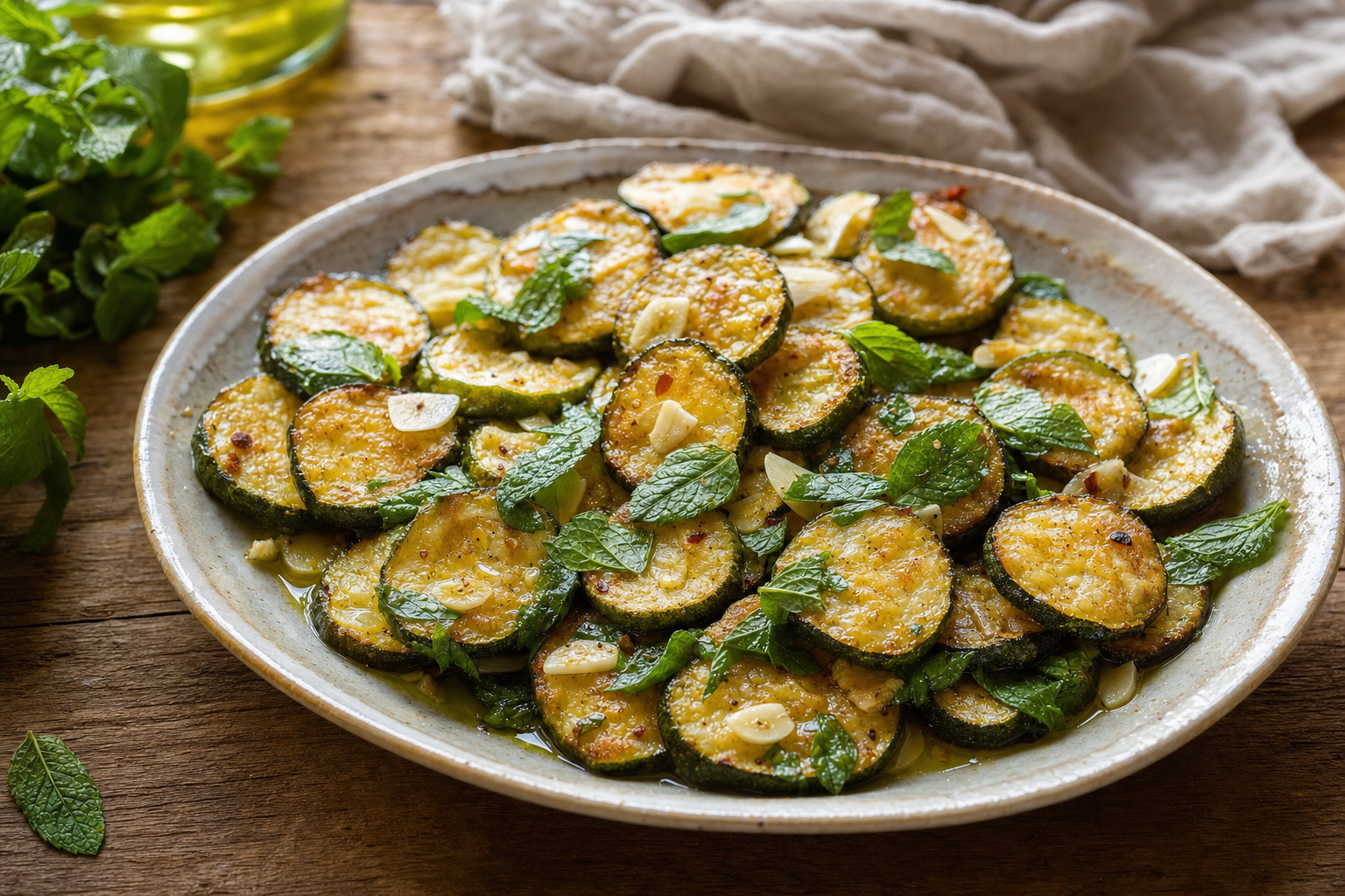 Een keramieken schaal met goudbruine plakjes courgette in een lichte marinade, met verse muntblaadjes en dunne plakjes knoflook erbovenop.