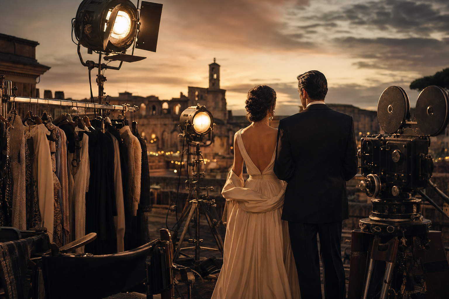 Een filmset in warm avondlicht met een vrouw in een ivoorkleurige jurk en een man in een donker pak, gezien van achteren, naast kostuumrekken, studiolampen en een oude filmcamera.