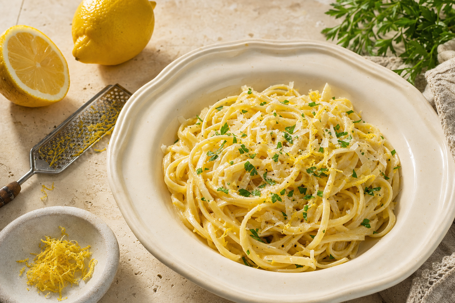 Een bord glanzende linguine in romige citroensaus, afgewerkt met citroenrasp, platte peterselie en krullen Parmezaanse kaas, met een halve citroen op de achtergrond.