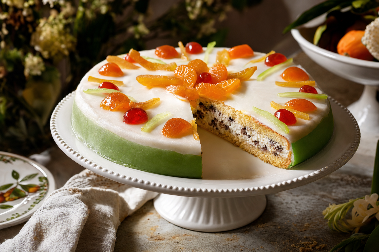 Een aangesneden Siciliaanse cassata met witte glazuur, een groene marsepeinen rand, gekonfijt fruit en een romige ricottavulling met stukjes chocolade.