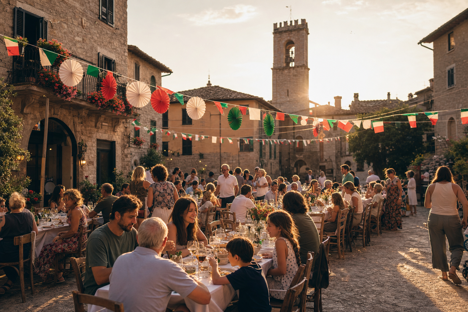 Een zonnig Italiaans plein met lange gedekte tafels, feestversiering, kleine Italiaanse vlaggen en mensen die samen buiten eten.