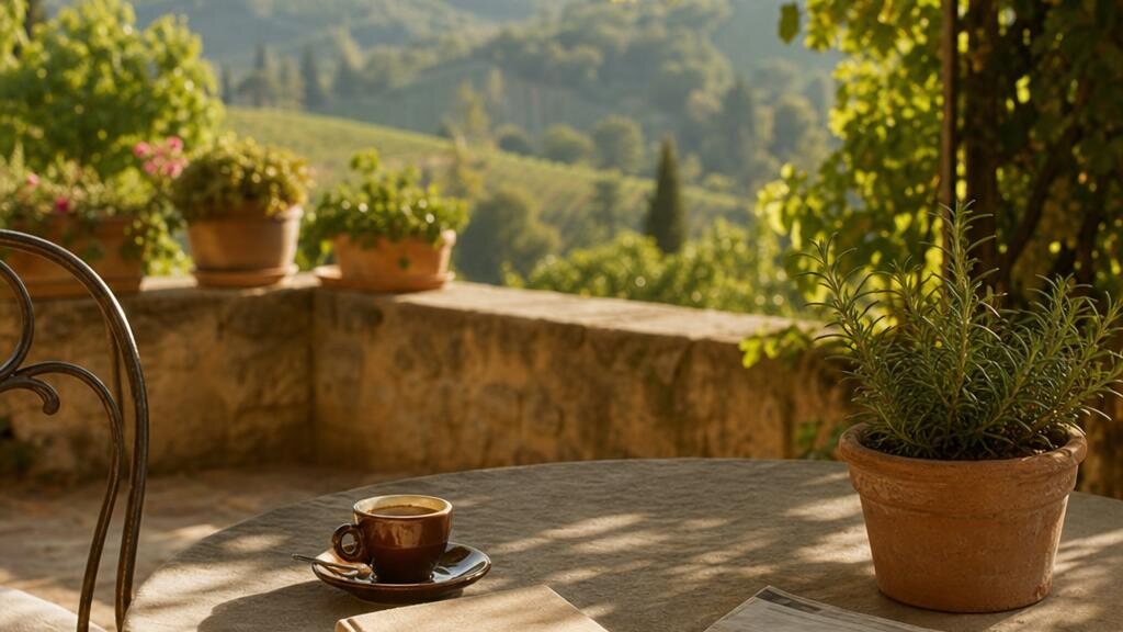 Een rustige Italiaanse straat met een open krant en espresso op een zonnig caféterras.