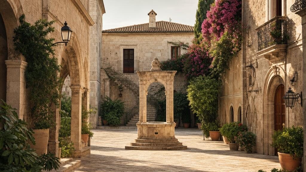 Een sfeervol historisch Italiaans hof met natuurstenen gevels, een fontein en bloeiende bougainvillea.