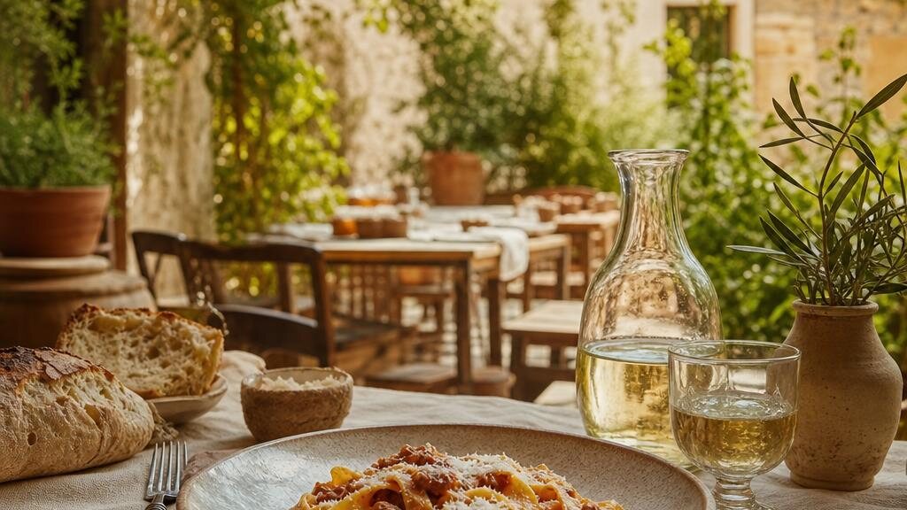 Italiaanse pasta op een gedekte terrastafel met brood, olijfolie en een karaf in warm avondlicht.