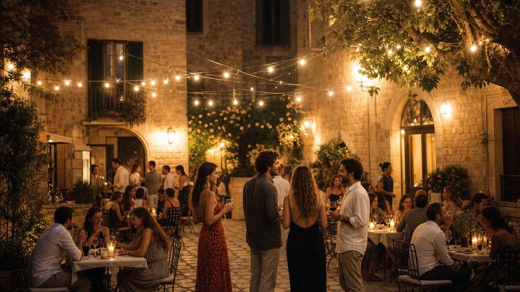 Een sfeervol Italiaans stadsplein met feestelijke verlichting en historische gevels in de avond.